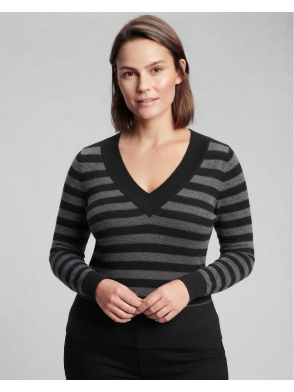 Guess Jeans V-Neck Sweater, XL, Black and Grey Striped
